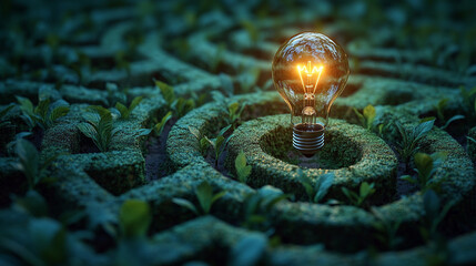 glowing lightbulb at the center of a lush green maze symbolizes finding an idea or solution amidst complexity. The warm light and blurred background evoke hope, clarity, innovation, and success