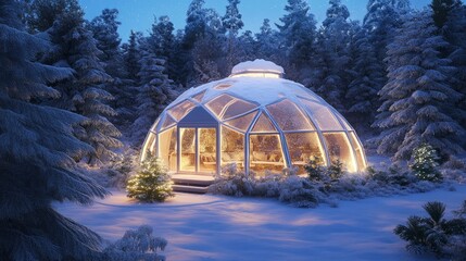 Fototapeta premium Snowy dome house illuminated at night in a forest