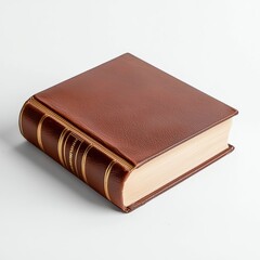 Obraz premium A classic, brown leather-bound book with a textured cover and gold accents, resting on a clean, white background.