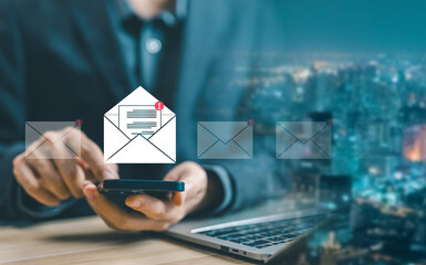 send an information message email from the tablet. smart SMS mail on a digital, icon opens a new email. business communication contact newsletter concept. write text on the web, marketing social media