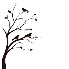 A silhouetted tree with birds perched on its branches, set against a minimalist white background, conveying a sense of tranquility and nature.