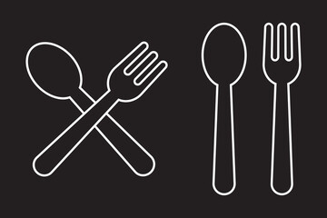For and spoon icon set. Eatery symbol. Kitchen utensil vector illustration. Tableware serving sign. Crossed fork and spoon pictogram. Menu button.