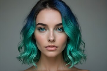 Fototapeta premium A 3D animated woman with blue hair moves against a gray background.