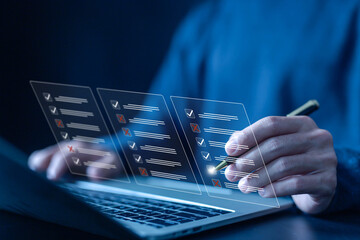 tick mark evaluation in the options check form online on a laptop. checklist concept, task audit in...