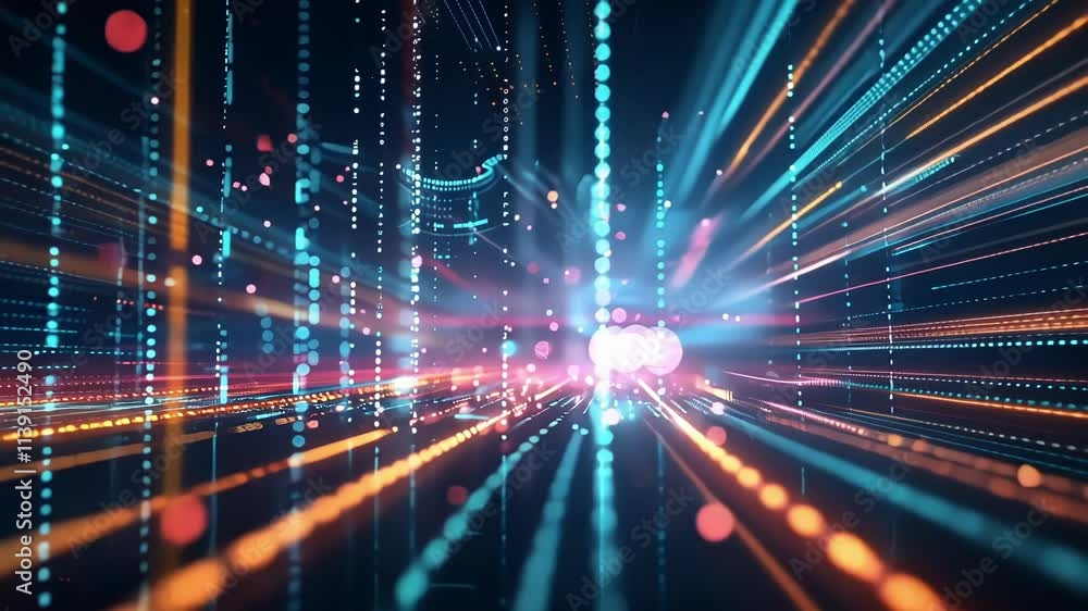 Poster data streams flowing through a futuristic cityscape, creating a vibrant display of light and informa