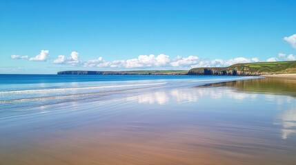 Fototapeta premium Serene Coastal Landscape with Calm Waters and Blue Sky Reflections