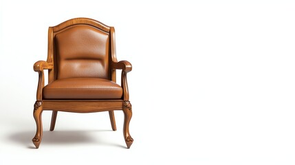 Fototapeta premium A classic wooden armchair with a rich brown leather seat, exuding elegance and vintage charm.