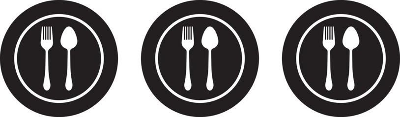 For and spoon icon set. Eatery symbol. Kitchen utensil vector illustration. Tableware serving sign. Crossed fork and spoon pictogram. Menu button.
