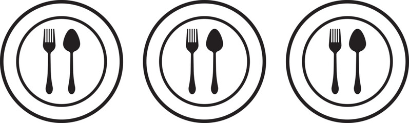 Tableware thin line icon set of fork, knife, spoon. Logotype menu. Cutlery and crockery sign. Flat style eating utensils symbol collection. Vector illustration