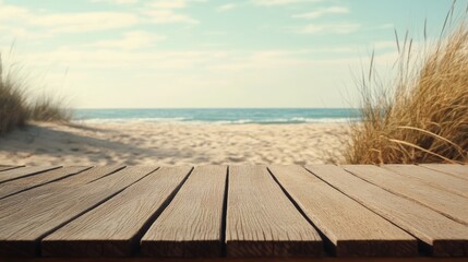 Wooden Deck Overlooking Tranquil Beach and Calm Ocean Waters