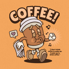 Coffee Cup Trendy Retro Cartoon Vector Hand Drawn