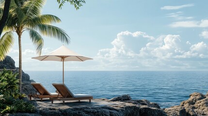 Tranquil Beachfront Lounge with Sunbed and Umbrella by Ocean