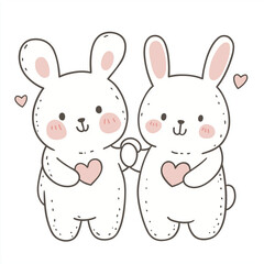 Obraz premium A delightful black-and-white line drawing of two adorable cartoon bunnies in various poses, perfect for coloring books, children's activities, and creative projects