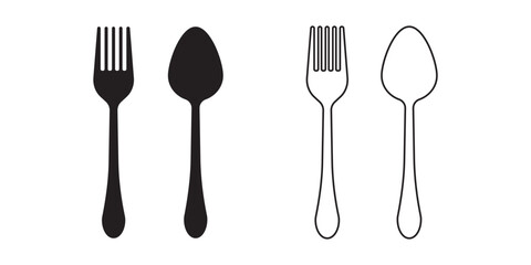 For and spoon icon set. Eatery symbol. Kitchen utensil vector illustration. Tableware serving sign. Crossed fork and spoon pictogram. Menu button.