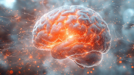 Futuristic concept of AI analysis, automation, and big data with a glowing brain symbolizing artificial intelligence. Blurred bright tones of gold, silver, and white suggest innovation and digital gro