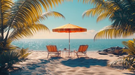 Serene Beach Scene with Umbrella and Chairs Surrounded by Palms