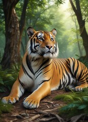 Obraz premium Bengal tiger lies down on the forest floor beneath a canopy, bengal tiger, forest, natural habitat