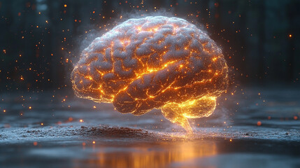 Obraz premium Futuristic concept of AI analysis, automation, and big data with a glowing brain symbolizing artificial intelligence. Blurred bright tones of gold, silver, and white suggest innovation and digital gro