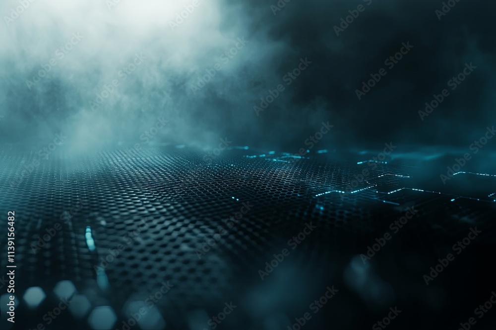 Poster abstract futuristic tech background: dark hexagonal grid with cyan glow and smoke