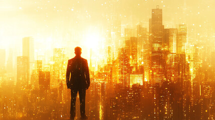 businessman stands with his back to the viewer facing a futuristic cityscape symbolizing navigating the frontier of modern opportunities innovation and vision in an urban world with bright white tones