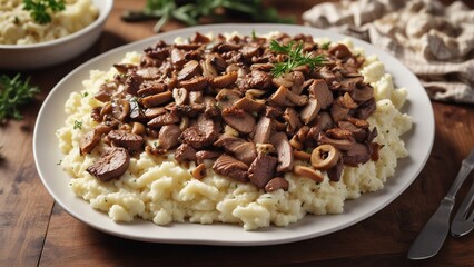 Fototapeta premium A plate of mashed potatoes topped with beef strips and saut?ed onions and mushrooms, boiled potatoes, meat and potato