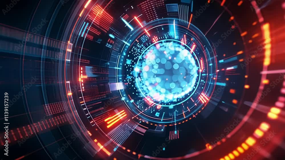 Poster futuristic tunnel rotating with red and blue lights and digital data flowing, creating a mesmerizing