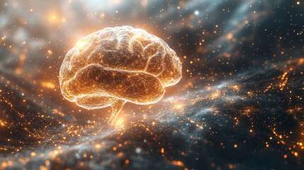 Futuristic concept of AI analysis, automation, and big data with a glowing brain symbolizing artificial intelligence. Blurred bright tones of gold, silver, and white suggest innovation and digital gro