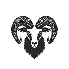 Black and white ram head illustration with large horns.