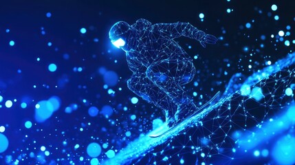 Futuristic snowboarder in digital blue environment