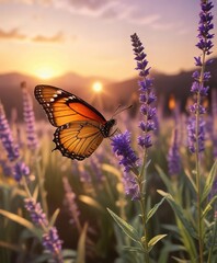 Delicate butterfly perches on a lavender bloom amidst warm golden hues of sunset, insect species, butterfly, natural beauty