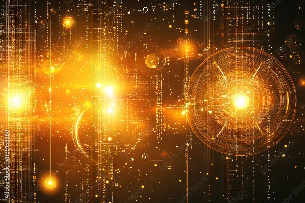 Poster abstract digital art: golden circuitry and data streams