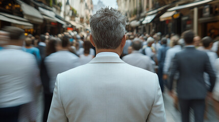 Fototapeta premium businessman stands with his back to the viewer facing a futuristic cityscape symbolizing navigating the frontier of modern opportunities innovation and vision in an urban world with bright white tones