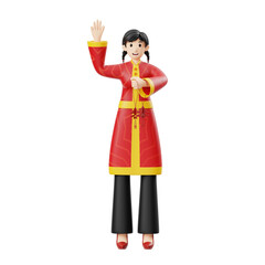 Woman in Traditional Asian Attire Raise Hand Illustration