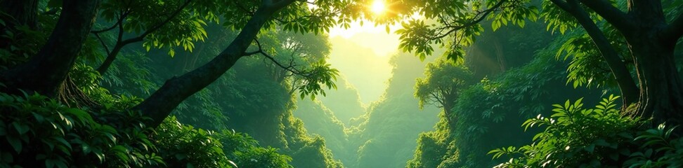 Fototapeta premium Dense rainforest canopy with sunlight filtering through, undergrowth, canopy