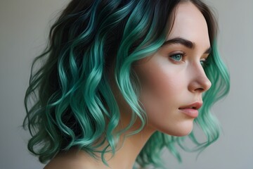 Naklejka premium A woman with vibrant green hair. deep blue eyes. and a confident expression stands out against a white background.