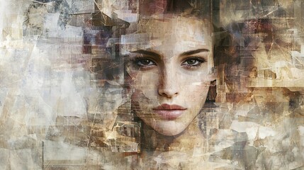 Woman's face overlaid on sepia-toned photo collage.