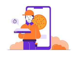 Pizza delivery man delivering fresh pizza. Online Food illustration. Flat vector illustrations