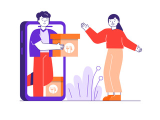 Woman accepting online food deliver. Online Food illustration. Flat vector illustrations
