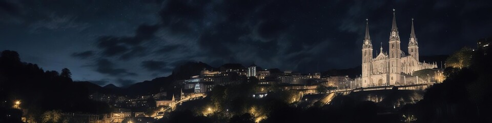 Fototapeta premium Dimly lit night sky above Basilica di Lourdes, lourdes, religion