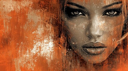 Intense gaze of a woman, artistic portrait with textured orange background.