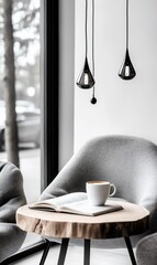 Cozy interior with a book and coffee on a wooden table.