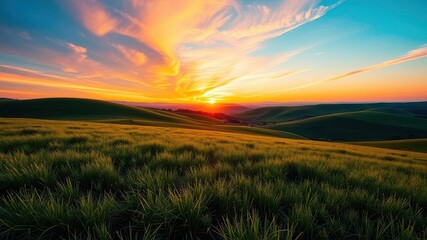 Naklejka premium Vibrant sunset over a lush green meadow with rolling hills and a clear blue sky, background, serene, blue sky