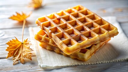 Golden Waffles Stacked on a Linen Napkin with Autumn Leaves