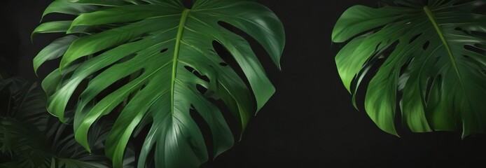 Obraz premium Large bright green Monstera deliciosa leaf on a dark background, tropical leaf, plant life, bright green