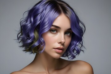 Fototapeta premium An animated woman with vivid purple hair on a neutral gray background. digitally enhanced for realism.