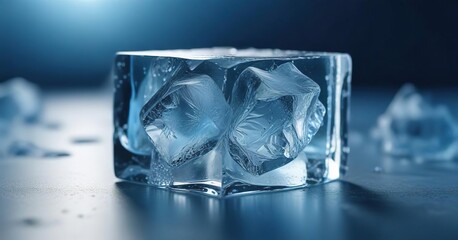 intricate detailed abstract ice cube in a blue light environment, ambient lighting, glassy surface, blue light