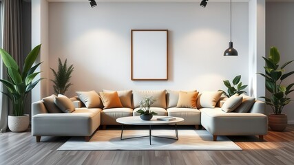 Modern living room with a cozy couch, stylish wall art mockup, plants, and a spacious layout, couch, design