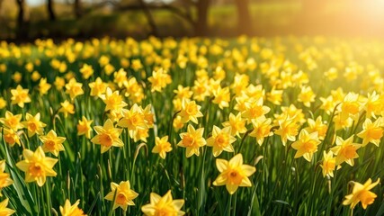 Obraz premium Vibrant daffodil flowers scattered across a sunlit field, vibrant, plant, countryside