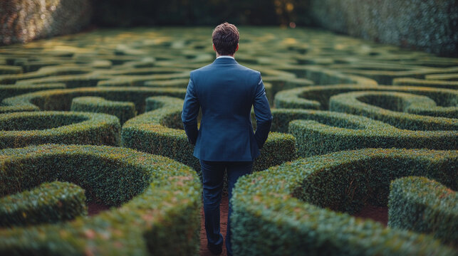 businessman stands with his back to the viewer, facing a vast labyrinth symbolizing challenges, choices, and obstacles. The maze reflects chaos, career decisions, and personal growth amid uncertainty