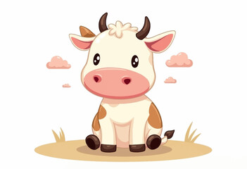 Fototapeta premium Charming Vector Art of a Cow: Delightful Cartoon Cow Sitting Happily on the Ground with Colorful Clouds Above, Ideal for Kids' Illustrations and Fun Clip Art